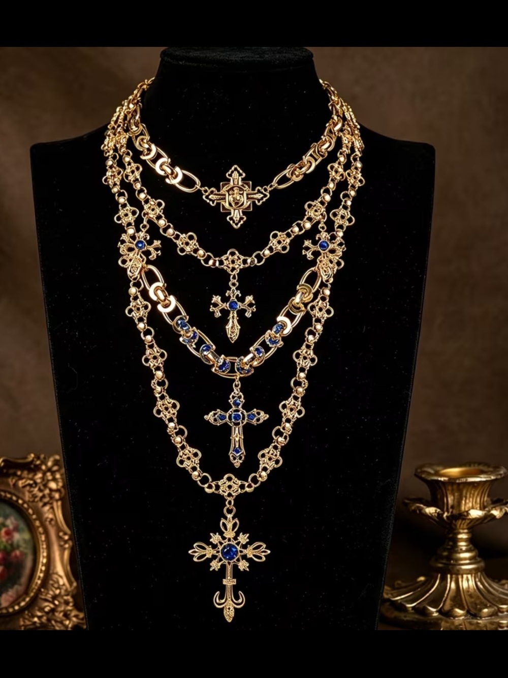 Affordable Fashion Finds Gold and Blue Layered Cross Necklace